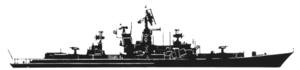 Black profile of a warship with radar