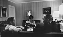 President Marcos (left) and his wife Imelda (center) meet with US President Lyndon B. Johnson (right) in Manila in October 1966. LBJ meets with Ferdinand Marcos in Manila 1966-10-23.JPG
