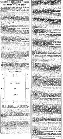 The "Laws of Football" by the Rugby Football Union, as they were published in a newspaper in 1871 Laws game rugby football union.jpg
