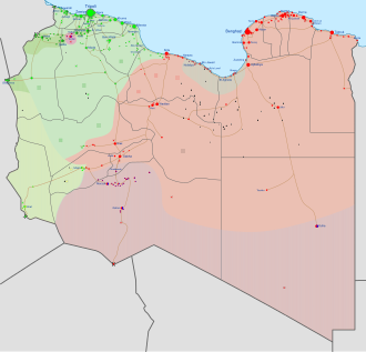 Areas of control in the Civil War, updated 11 June 2020:
Tobruk-led Government Government of National Accord Petroleum Facilities Guard Tuareg tribes Local forces Libyan Civil War.svg