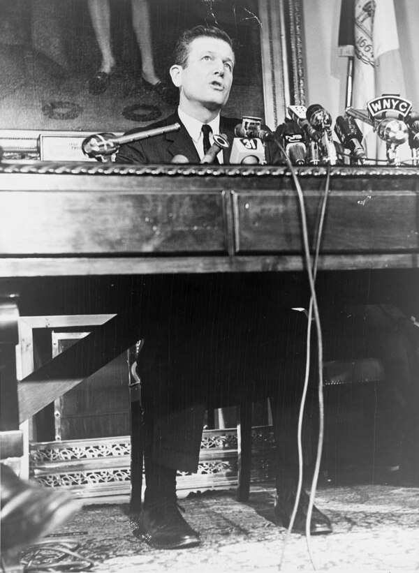 Lindsay speaking at City Hall in January 1966