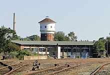 Roundhouse with turntable and water tower