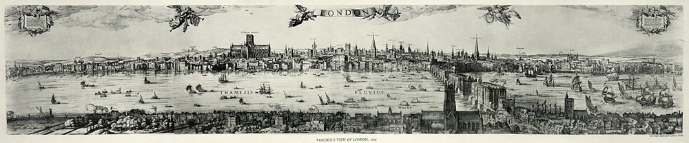 Panorama över London av Nicholas Ioaniss Fisher 1616.  Vid det här laget hade Old St. Paul's tappat sin spira.  De två teatrarna i förgrunden (Southwark) är The Bear Garden och The Globe.  Den stora kyrkan i förgrunden är St.  Mary, nu Southwark Cathedral