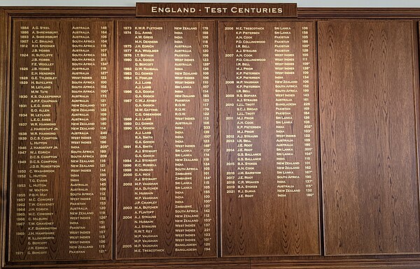 The Lord's honours board commemorating English centuries at Lord's.