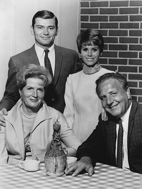 From TV's Love on a Rooftop: Back row, L-R: Pete Duel, Judy Carne Front: Edith Atwater, Herbert Voland (1966)
