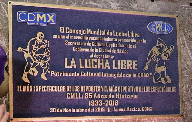Plaque commemorating lucha libre as an intangible cultural heritage in Mexico City