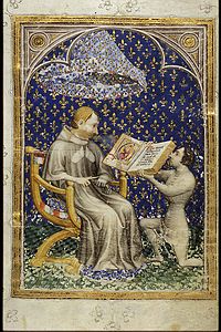 Hennequin de Bruges, Bible historiale de Jean de Vaudetar, folio 2, Jean de Vaudetar offre sa Bible au roi Charles V, 1372, Musée Meermanno, La Haye.