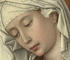 Detail showing the face and veil of Mary Magdalene painted in pure whites. The eyebrows and eyelids have been plucked in accordance with conventional ideals of beauty at the time. M Reading Detail2.jpg