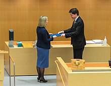 Andersson with Andreas Norlen, Speaker of the Riksdag, after her first election as prime minister Magdalena Andersson is elected Prime Minister in 2021. 02.jpg