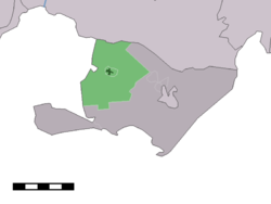 Střed obce (tmavě zelená) a statistický okres (světle zelená) v Ulicotenu v obci Baarle-Nassau.