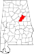 Harta statului Alabama indicând comitatul Talladega