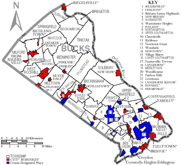 Map of Bucks County, Pennsylvania with Municipal Labels showing Boroughs (red), Townships (white), and Census-designated places (blue).