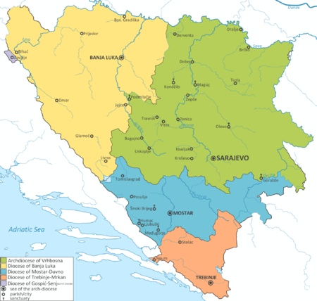 Latin Catholic dioceses in Bosnia and Herzegovina:
.mw-parser-output .legend{page-break-inside:avoid;break-inside:avoid-column}.mw-parser-output .legend-color{display:inline-block;min-width:1.25em;height:1.25em;line-height:1.25;margin:1px 0;text-align:center;border:1px solid black;background-color:transparent;color:black}.mw-parser-output .legend-text{}
Archdiocese of Vrhbosna
Diocese of Banja Luka
Diocese of Mostar-Duvno
Diocese of Trebinje-Mrkan
Diocese of Gospic-Senj (Zavalje parish)
Archdiocese of Dakovo-Osijek(Bosanski Brod parish) Map of Dioceses in Bosnia and Herzegovina EN.png