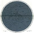 English: Map of southern sky as printed in Otto's Encyclopedia (Ottův slovník naučný, 1897). The map includes only stars and lines that connect them, with an attached transparent piece of paper with the borders and names of constellations. This picture is a photocopy of the map through the transparent paper. Čeština: Mapa jižní oblohy v Ottově slovníku naučném (1897). Tato mapa obsahuje pouze hvězdy a čáry, které je spojují, a k ní je přiložena průsvitka s hranicemi a názvy souhvězdí. Obrázek je fotokopie této mapy pořízená přes uvedenou průsvitku.