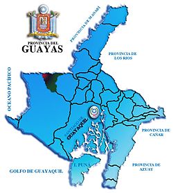 División Politica de la Provincia del Guayas, y ubicación del Cantón Guayaquil, cuya cabecera cantonal,Santiago de Guayaquil, es capital de la Provincia