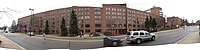 A panorama taken in early 2007, of the "back" of Mary Markley Hall. The picture was taken from the bus stop that is across East Medical Center Drive from the building. Markley panorama.jpeg