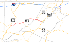 Mapo de ege okcidenta Marilando montranta al majoro vojojn.
Maryland Route 135 ligas Oakland kun suda Allegany Distrikto.