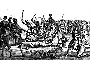 The Cossack massacre of Polish prisoners (on the left three Cossack commanders including Iwan Zołotarenko, in the middle the Nogai execution squads and on the right in the background the remaining prisoners waiting to be executed; copper engraving from Allgemeine Schaubühne der Welt by Hiob Ludolf and Christian Juncker , 1713)