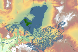 Lake Chad in African humid period (blue) and in 20th century (green) Megatschad GIS.PNG