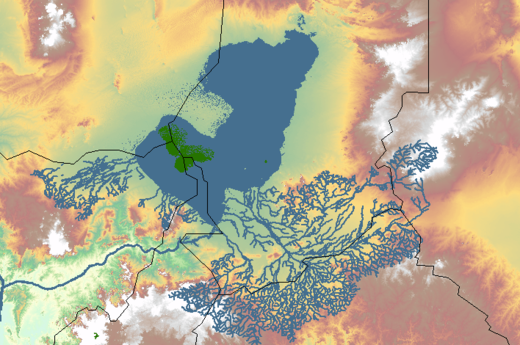 The eastern part of the basin, showing the Holocene "Mega Chad" lake (blue area) at its maximum size with the Chari in the south and the Benue in the south west. The modern Lake Chad is in the centre of this map, in green.