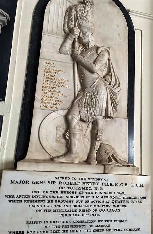 Memorial to Sir Robert Henry Dick at the St. George's Cathedral, Madras, India, depicting a 42nd Highlander in full uniform resting against a pedestal