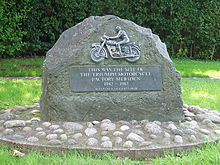 Commemorative plaque outside the former site of the Triumph factory at Meriden unveiled on 7 October 2005 Meriden Triumph Factory.jpg