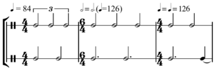 Metric modulation: 2 half notes = 3 half notes
or
Play with eighth note subdivision for tempo/metre comparison Metric modulation 2=3.png