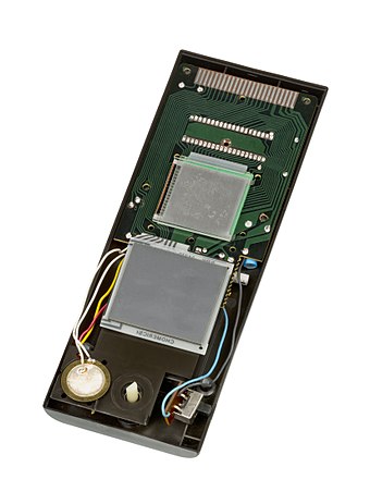 The uncovered LCD screen of a Microvision, showing screen damage.