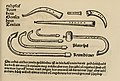 1511 A.D. Page from Sebastian Virdung's book Musica Getutscht und Ausgezogen. Top left corner: a curved cornett labeled Zincken. Below it is a straight cornett, also Zincken. Top right corner, a Gemshorn