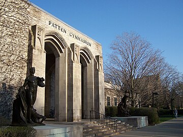 Patten Gymnasium, in Evanston, Illinois, hosted the first championship game in 1939. NU Patten Gymnasium.JPG