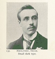 An Englishman from Devon given as an example of the Mediterranean type of the Caucasoid race by 19th century race theorist William Z. Ripley's The Races of Europe (1899). Neolithic small dark type from Devon.jpg
