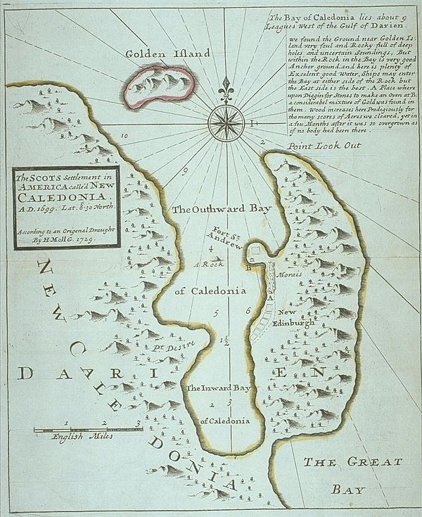 The Bay of Caledonia, west of the Gulf of Darien. New Edinburgh is on the isthmus on the right.