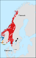 Regnes noruecs cap a 872 d. de C. (el regne unificat es mostra en vermell) abans de la definitiva batalla de Hafrsfjord.