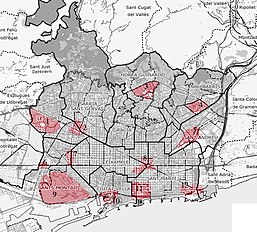 Plan of the new areas of centrality: 1-Diagonal-Zona Universitaria, 2-Diagonal-Sarria, 3-Vall d'Hebron, 4-RENFE-Meridiana, 5-Sant Andreu-Sagrera, 6-placa de Cerda, 7-carrer de Tarragona, 8-placa de las Glories, 9-Montjuic, 10-Port Vell, 11-Carles I-Avinguda Icaria, 12-Diagonal-Prim Noves arees centralitat.jpg