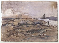 Aquarelle représentant un soldat mort sur le front, aquarelle (1916)