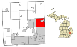 ミシガン州におけるオークランド郡（右図）とロチェスターヒルズ市の位置