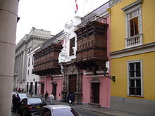 Baroque facade of the Torre Tagle Palace, with balconies in Mudejar style. Palacio de Torre Tagle.JPG