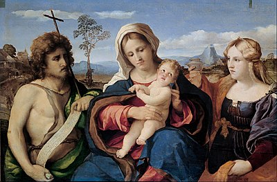 Madonna and Child with Saints (c. 1520-1522) Palma il Vecchio (Jacopo Negretti) - Madonna and Child with Saint John the Baptist and Magdalene - Google Art Project.jpg