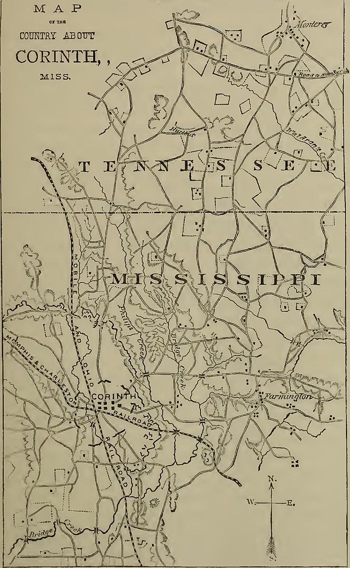 Map of the country about Corinth, Mississippi, showing rail lines crossing over the city, just south of the border with Tennessee