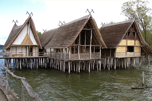 Reconstructed pile dwellings at the Pfahlbau Museum Unteruhldingen on Lake Constance in Germany