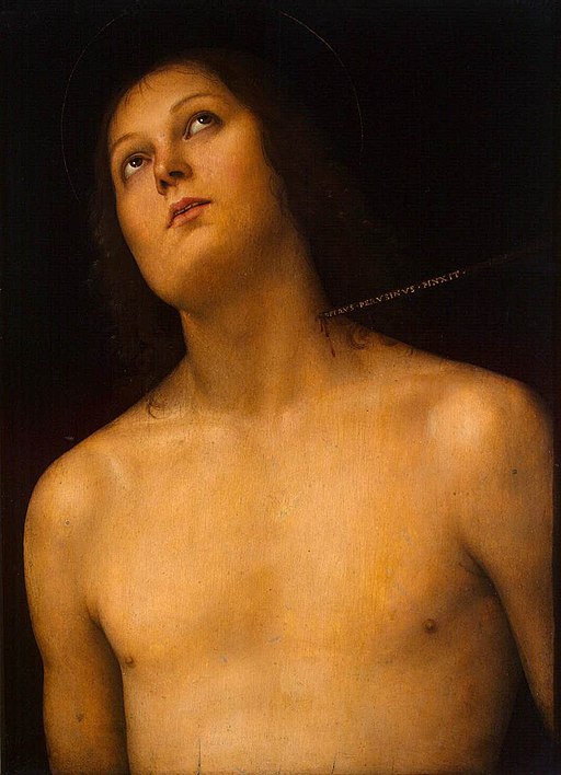 Pietro Perugino, Bust of St Sebastian, tra il 1493 e il 1494, tempera e olio su tavola, Ermitage