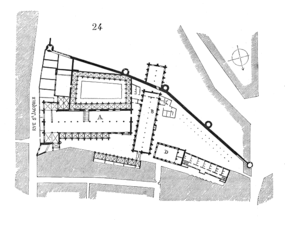Plan du couvent des Jacobins de la rue Saint-Jacques, par Eugène Viollet-le-Duc. Légende - A : église ; B : réfectoire (avec de l'autre côté de l'enceinte le parloir aux bourgeois ) ; D : école Saint-Thomas.