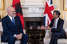 Rama and British Prime Minister Rishi Sunak, 23 March 2023 Prime Minister Sunak met with Prime Minister Edi Rama at 10 Downing Street in 2023.jpg