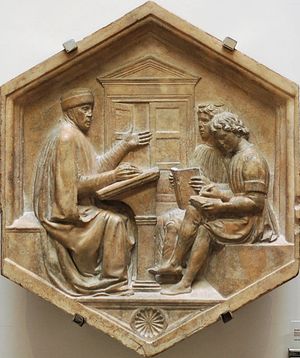 Allegory of Grammar. Priscian on the left teaches Latin grammar to his students on the right. Relief by Luca della Robbia. Florence, Museo dell'Opera del Duomo.