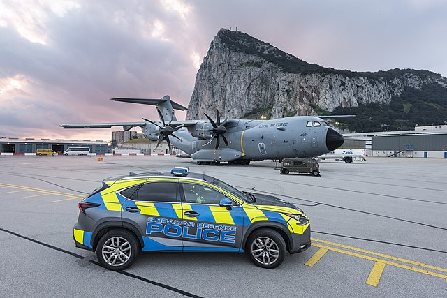 A Royal Air Force A400M Atlas C1 and Gibraltar Defence Police vehicle at RAF Gibraltar during 2021