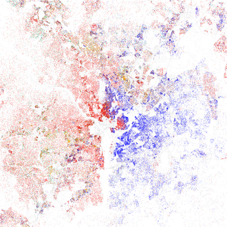 Map of racial distribution in Washington, D.C., according to the 2010 U.S. Census. Each dot is 25 people: White, Black, Asian, Hispanic or Other (yellow) Race and ethnicity 2010- Washington, DC (5559893527).png