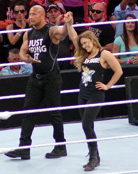 File:Rock Rousey WM31.jpg
Description	The Rock and UFC champ Ronda Rousey in the ring at WrestleMania 31 in March 2015. Cropped from original.
Date	29 March 2015, 18:00
Source	DSC09787
Author	Bill