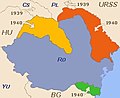 România în august 1940: în roşu teritoriul cedat către URSS, în galben cel cedat Ungariei, în verde cel cedat Bulgariei.
