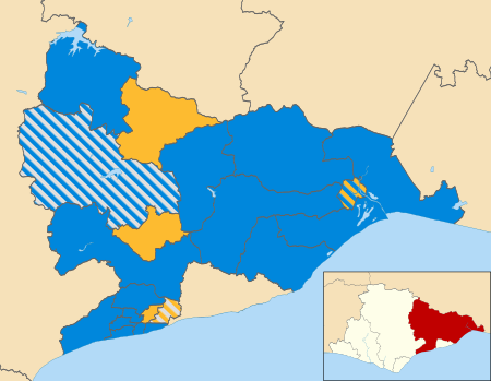 Map of the results of the 2007 Rother District Council election. Conservatives in blue, Liberal Democrats in yellow and independents in light grey. Rother UK local election 2007 map.svg