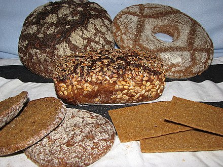 Finnish rye breads. Clockwise from the top: solid ruislimppu, reikäleipä with a hole, rye loaf, dry hapankorppu and circular Reissumies ruispala.